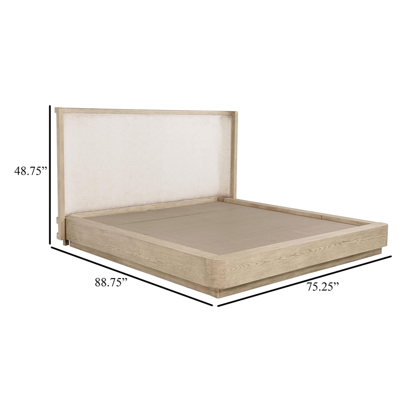 Pemberly Row Queen Platform Bed Beige Upholstered Headboard Oak Brown Cane