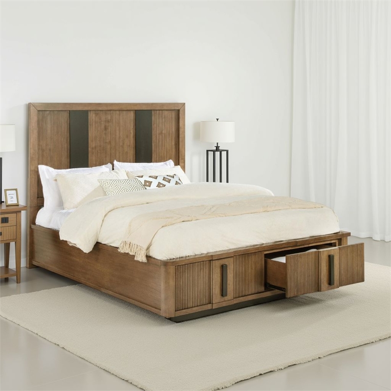 Pemberly Row Queen Platform Bed with 2 Storage Drawers Reeded Ash Brown Black