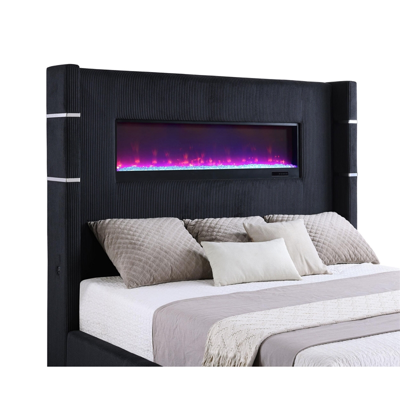 Pemberly Row Queen Bed Wingback Panel with LED Flame Black Corduroy Upholstery