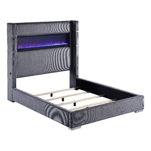 Pemberly Row Queen Bed Wingback Panel with LED Flame Gray Corduroy Upholstery