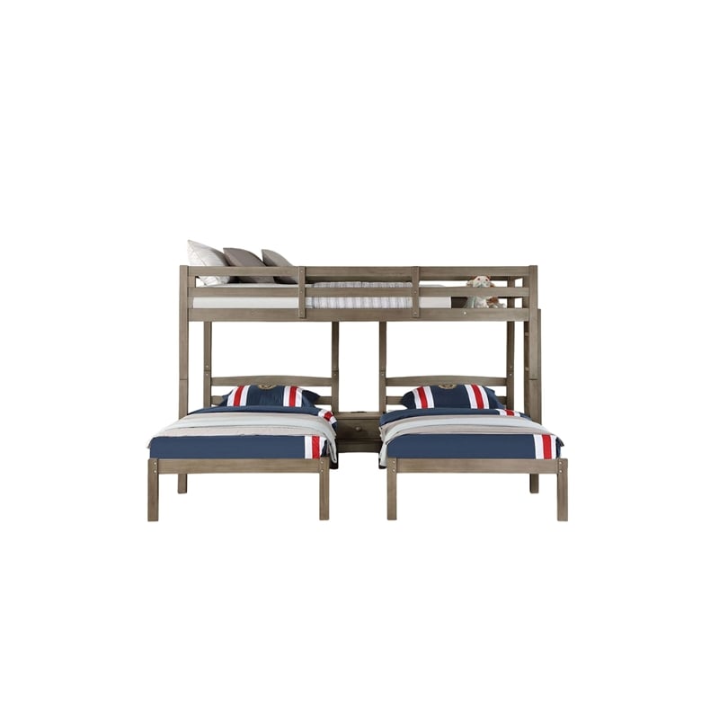 Pemberly Row Triple Twin Bunk Bed Built In Nightstand and USB Port Gray Wood