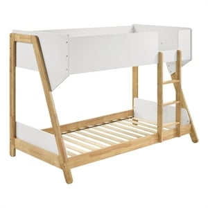 Pemberly Row Low Profile Twin Bunk Bed with Guardrails White Natural Wood