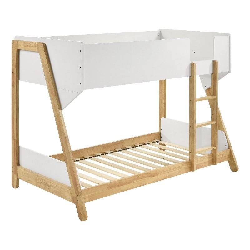 Pemberly Row Low Profile Twin Bunk Bed with Guardrails White Natural Wood