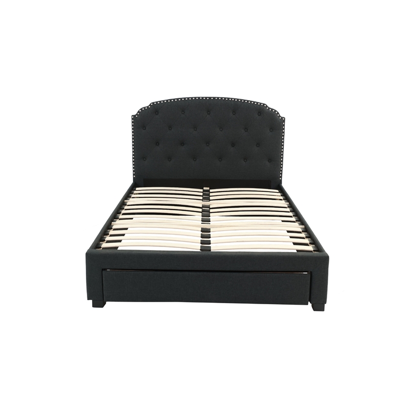 Pemberly Row King Size Bed in Charcoal Gray Upholstery Footboard Storage Drawer