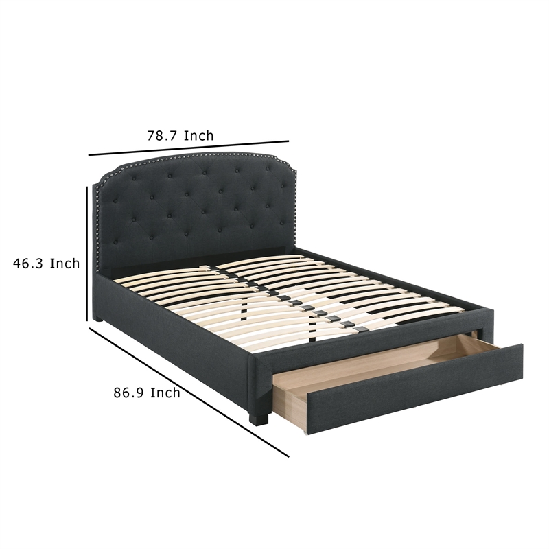 Pemberly Row King Size Bed in Charcoal Gray Upholstery Footboard Storage Drawer