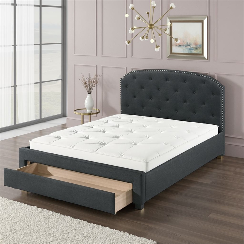 Pemberly Row King Size Bed in Charcoal Gray Upholstery Footboard Storage Drawer