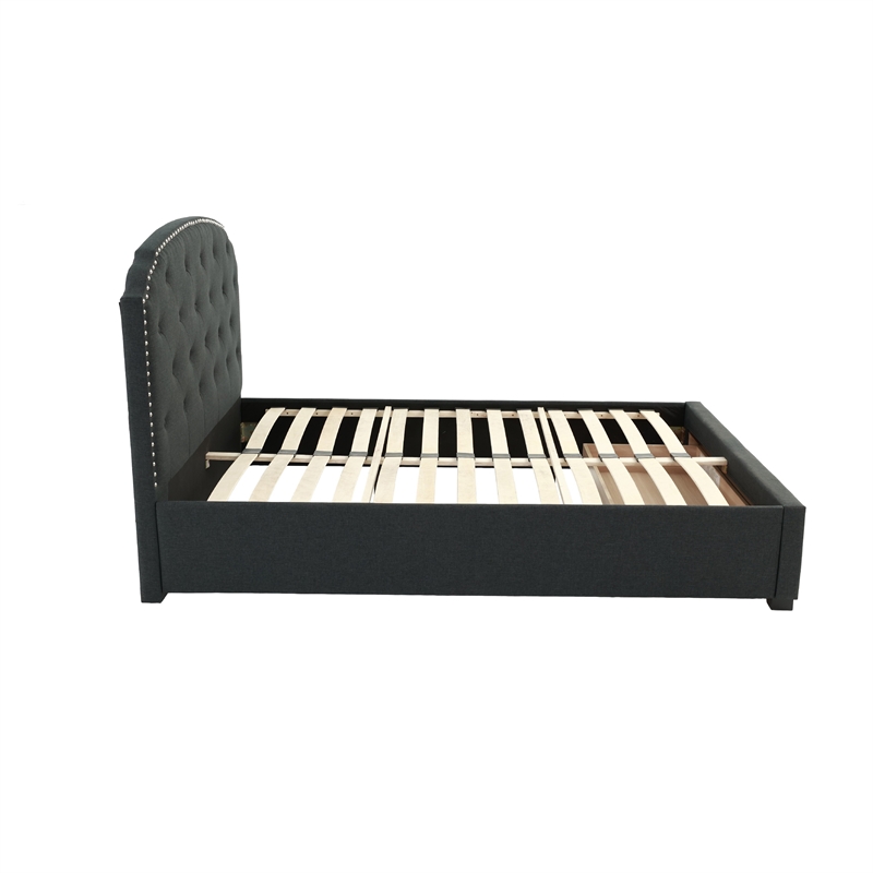Pemberly Row King Size Bed in Charcoal Gray Upholstery Footboard Storage Drawer