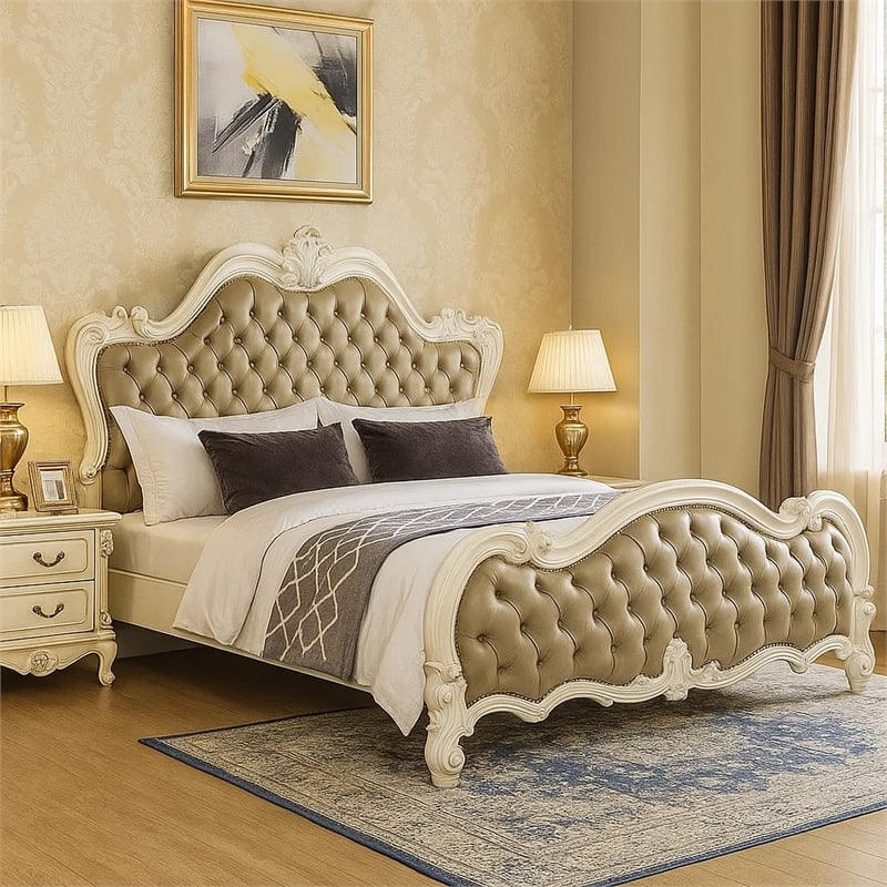 Pemberly Row King Bed Classic White Carved Frame Tufted Gray Faux Leather