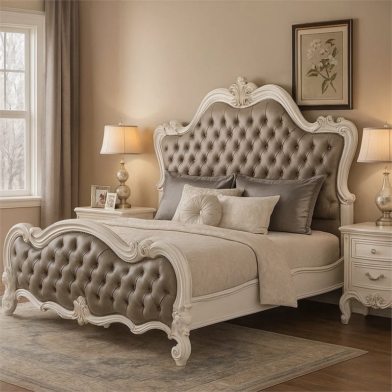 Pemberly Row King Bed Classic White Carved Frame Tufted Gray Faux Leather