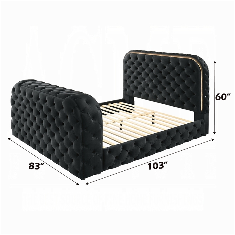 Pemberly Row King Size Bed with LED Fireplace TV Lift Stand Black Velvet
