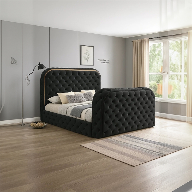 Pemberly Row King Size Bed with LED Fireplace TV Lift Stand Black Velvet