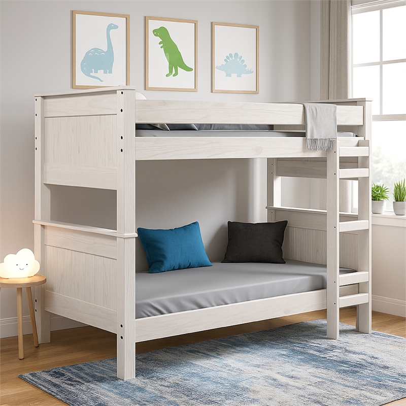 Pemberly Row Twin Twin Bunk Bed with Ladder Brazilian Pine Solid Wood White