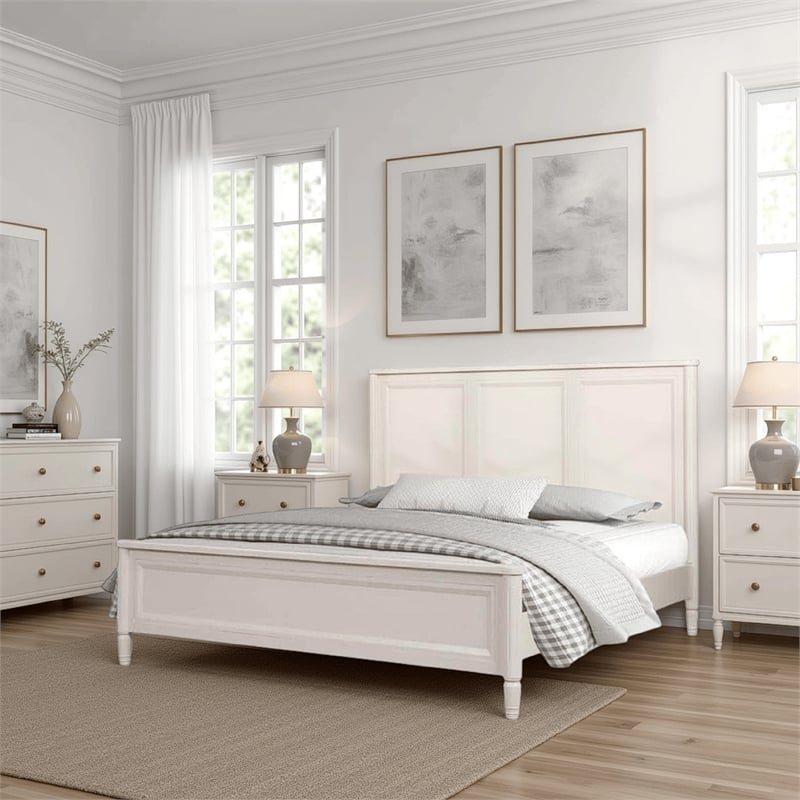 Pemberly Row King Size Bed Classic French Design White Solid Wood Frame