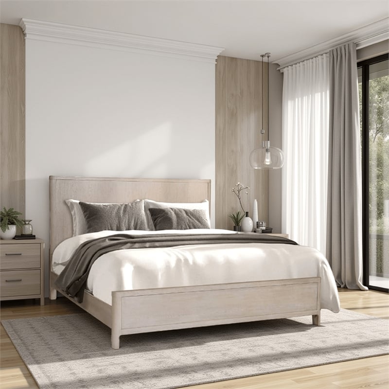 Pemberly Row Queen Size Bed Rounded Edges White Wash Brown Rubberwood Frame