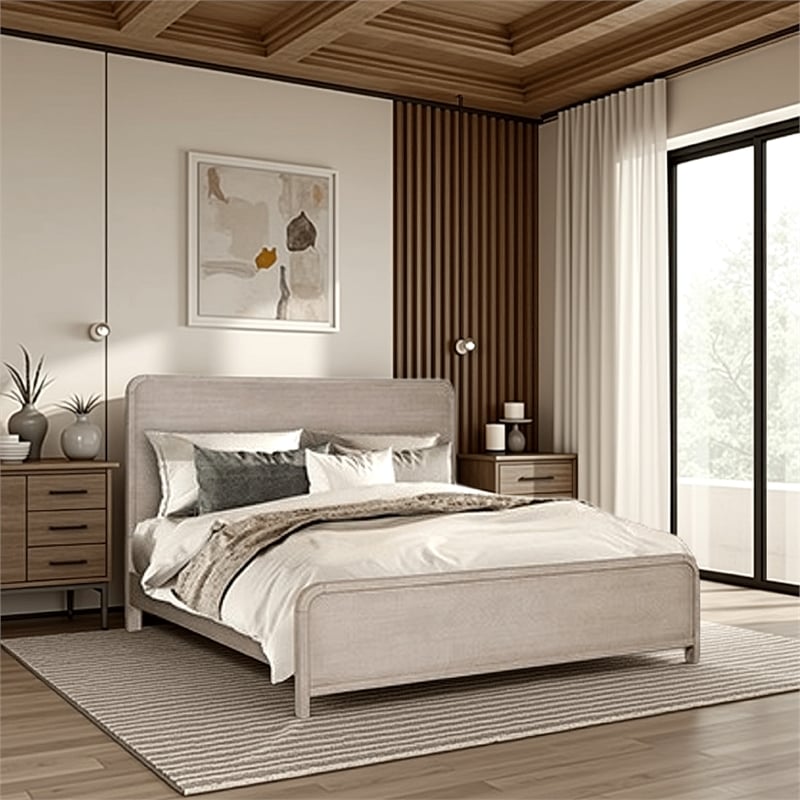 Pemberly Row Queen Bed Rounded Edges in Natural Oak Beige Solid Rubberwood