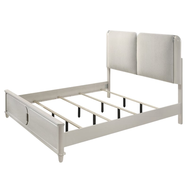 Pemberly Row Queen Size Bed with LED in Pearl White Gray Boucle Upholstered