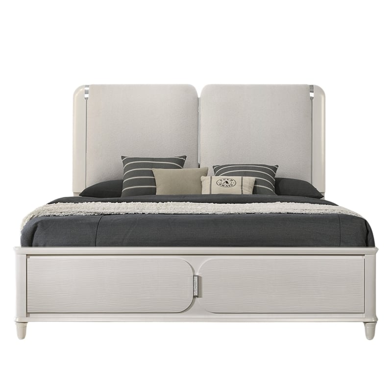 Pemberly Row Queen Size Bed with LED in Pearl White Gray Boucle Upholstered