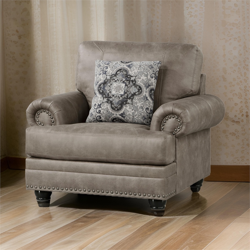 Pemberly Row 41 Inch Accent Chair in Taupe Brown Microfiber 1 Decor Pillow Wood