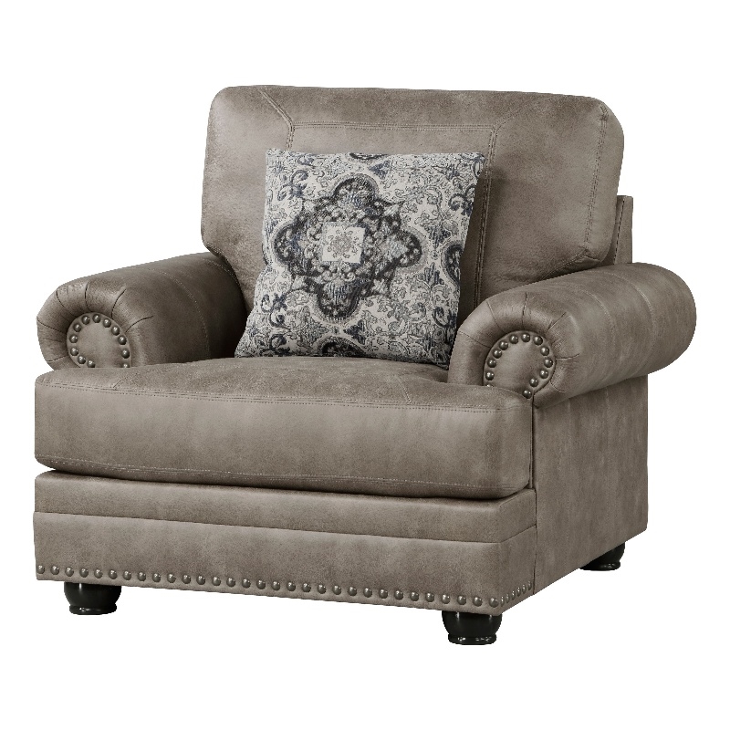 Pemberly Row 41 Inch Accent Chair in Taupe Brown Microfiber 1 Decor Pillow Wood