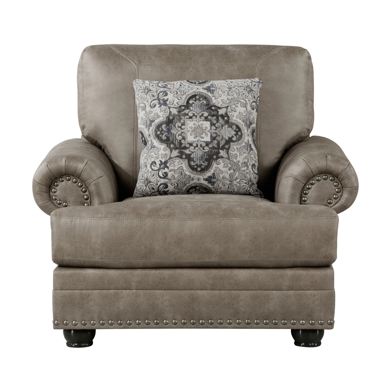 Pemberly Row 41 Inch Accent Chair in Taupe Brown Microfiber 1 Decor Pillow Wood
