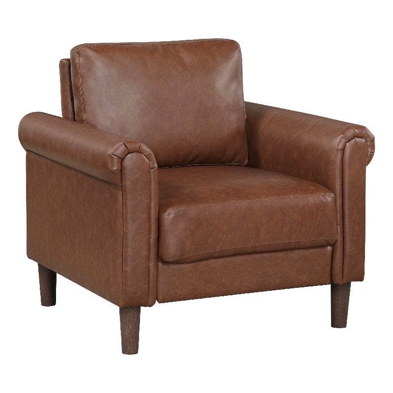 Pemberly Row Accent Chair w/ Rolled Arms Mid Century in Dark Brown Faux Leather