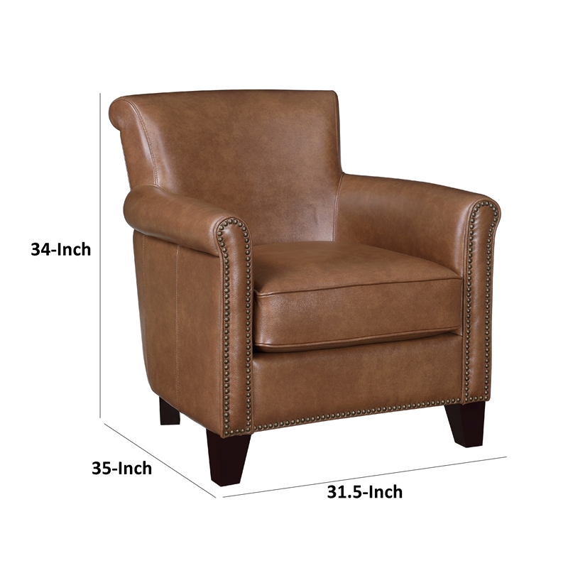 Pemberly Row 32 Inch Sofa Accent Chair in Brown Faux Leather Nailhead Trim