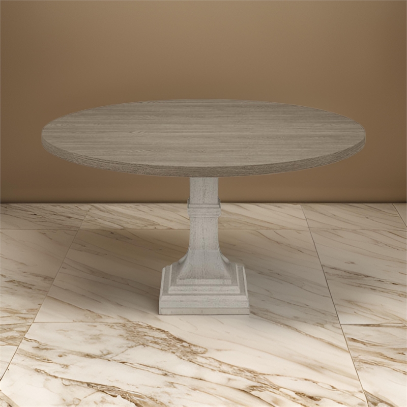 Pemberly Row 59 Inch Dining Table Round Top Pedestal Base in White Gray