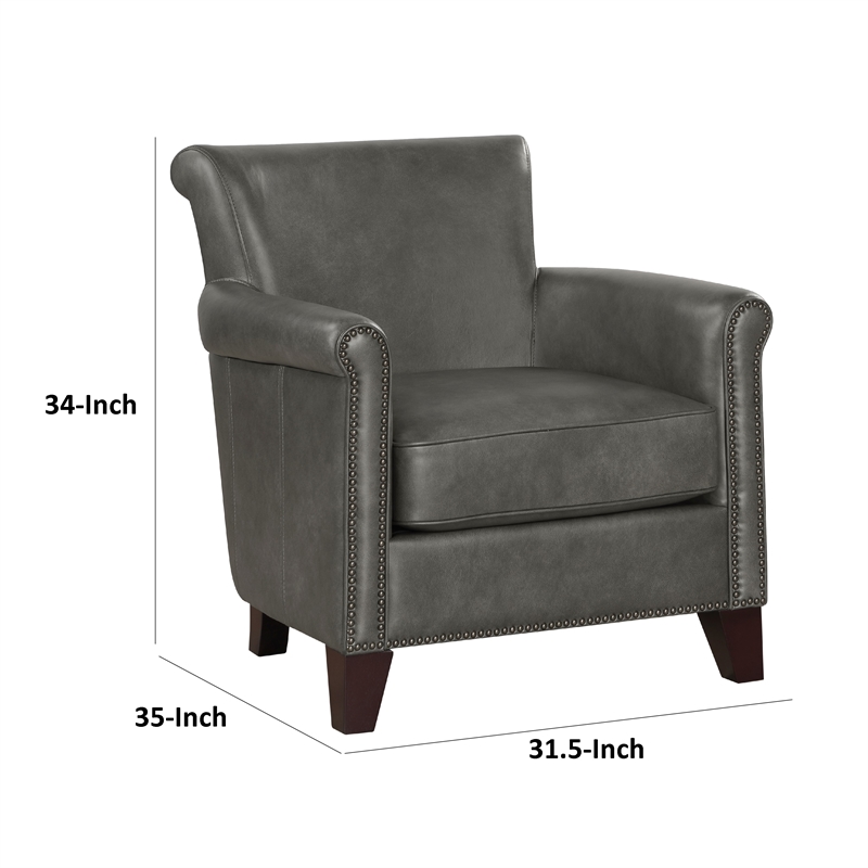 Pemberly Row 32 Inch Sofa Accent Chair in Gray Faux Leather Nailhead Trims