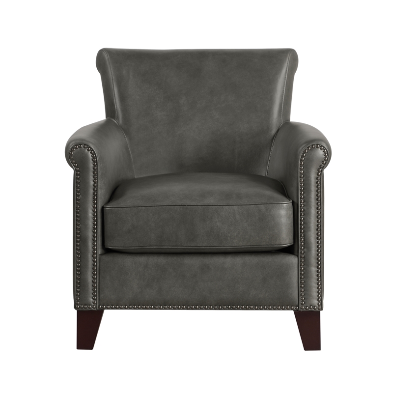 Pemberly Row 32 Inch Sofa Accent Chair in Gray Faux Leather Nailhead Trims