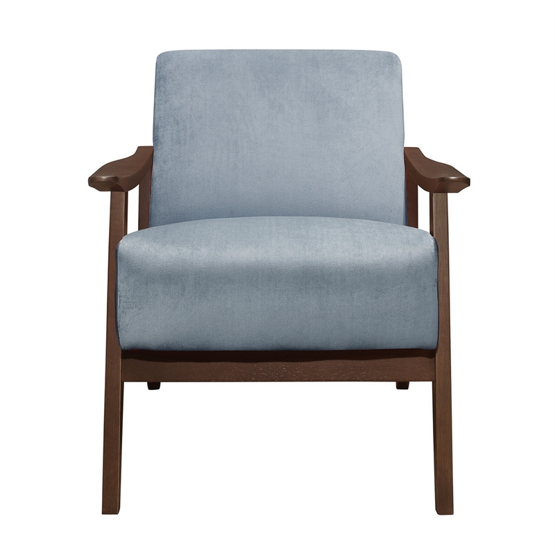 Pemberly Row 32 Inch Accent Armchair Curved in Soft Blue Velvet Brown Solid Wood