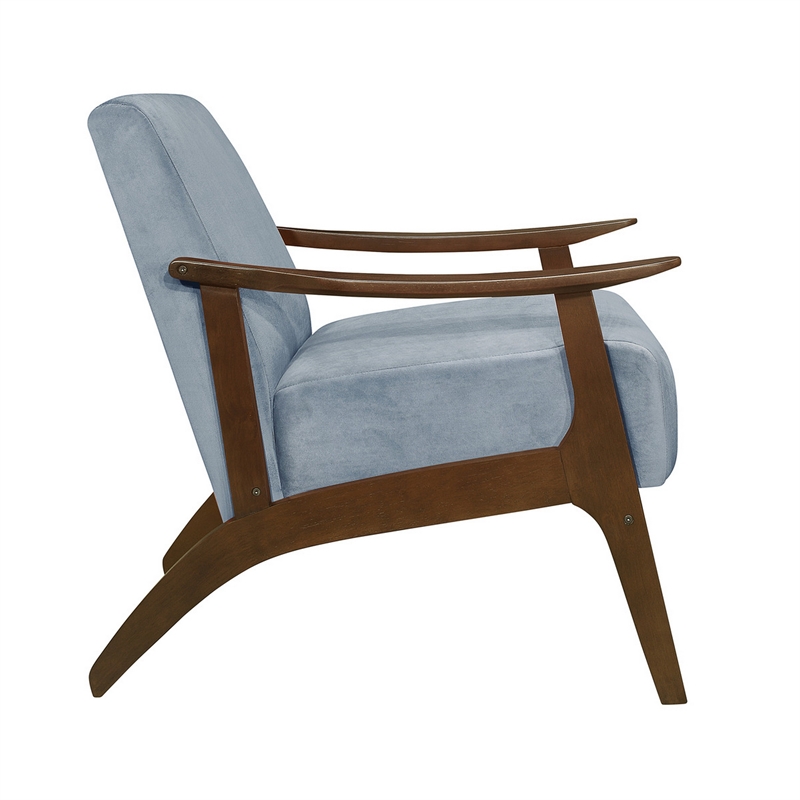 Pemberly Row 32 Inch Accent Armchair Curved in Soft Blue Velvet Brown Solid Wood