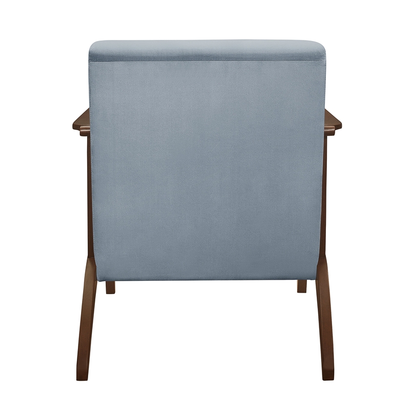Pemberly Row 32 Inch Accent Armchair Curved in Soft Blue Velvet Brown Solid Wood