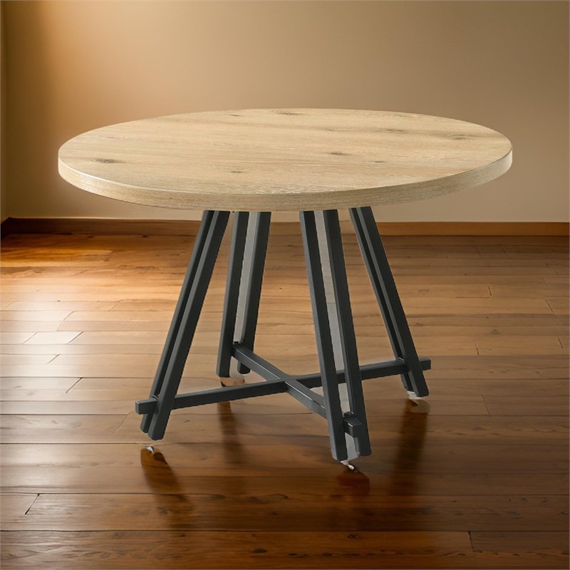 Pemberly Row 47 Inch Dining Table Solid Brown Wood Round Top Black Metal Base