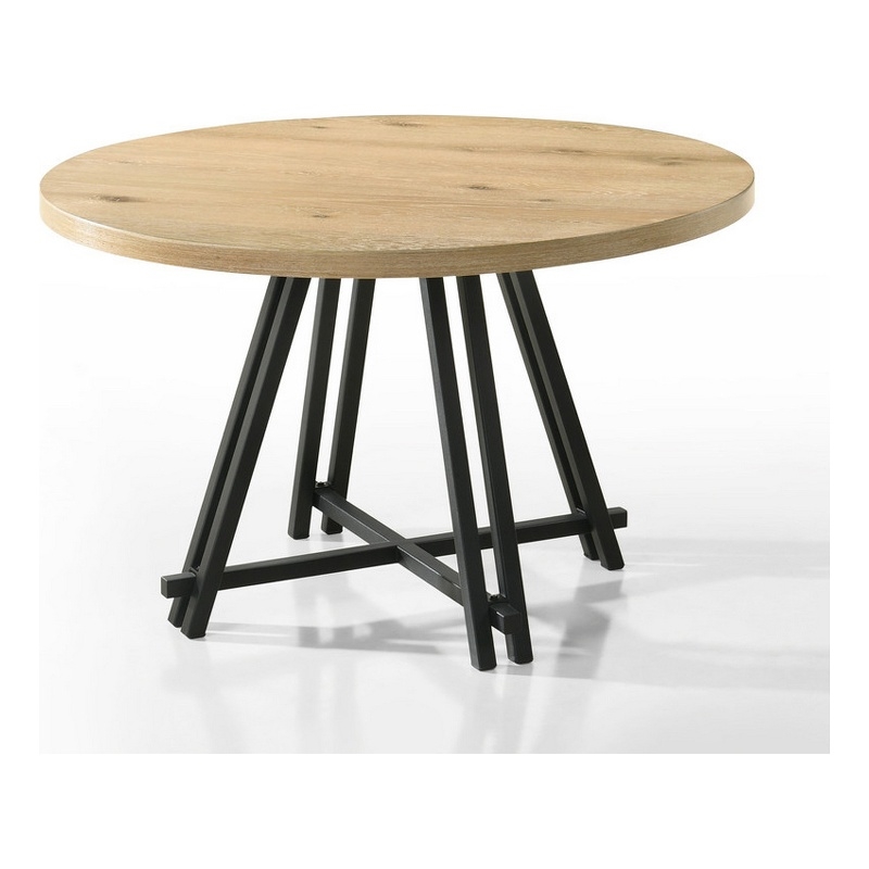 Pemberly Row 47 Inch Dining Table Solid Brown Wood Round Top Black Metal Base