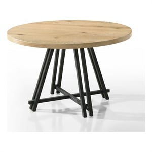 Pemberly Row 47 Inch Dining Table Solid Brown Wood Round Top Black Metal Base