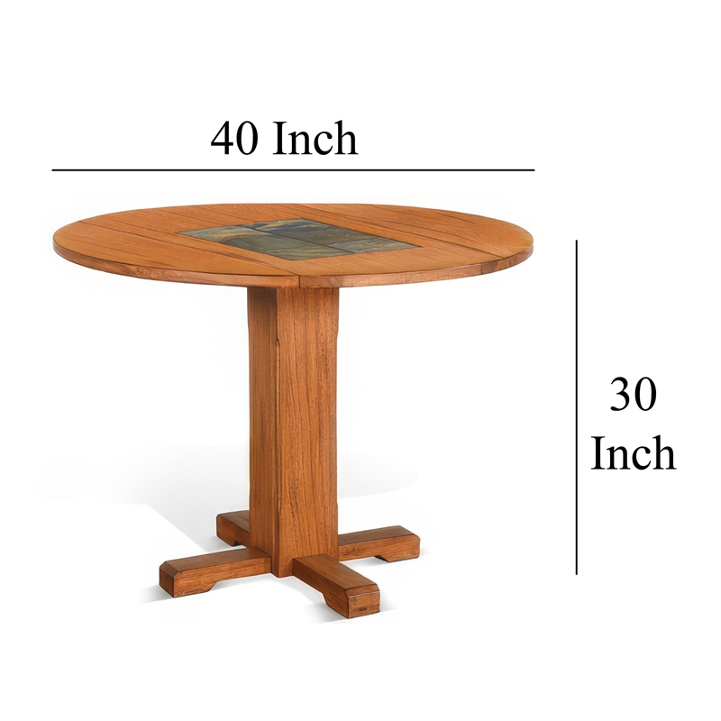 Pemberly Row Dining Table with 2 Drop Leaves 40 Inch Round Top Brown Wood