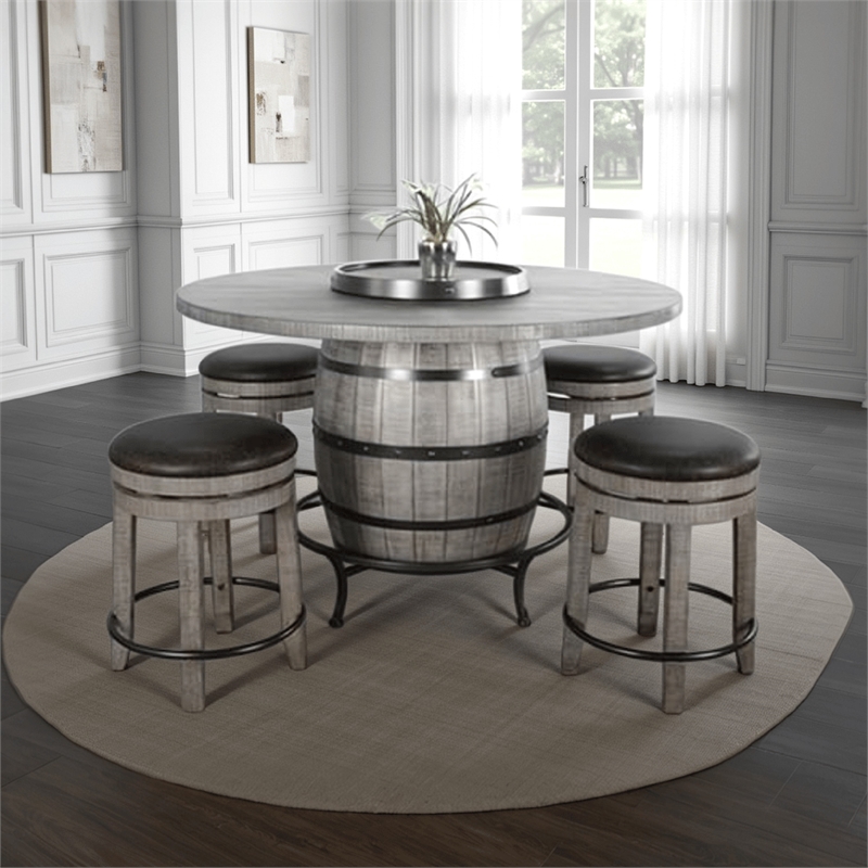 Pemberly Row Counter Pub Dining Table Gray Barrel Base with Lazy Susan 54 Inch