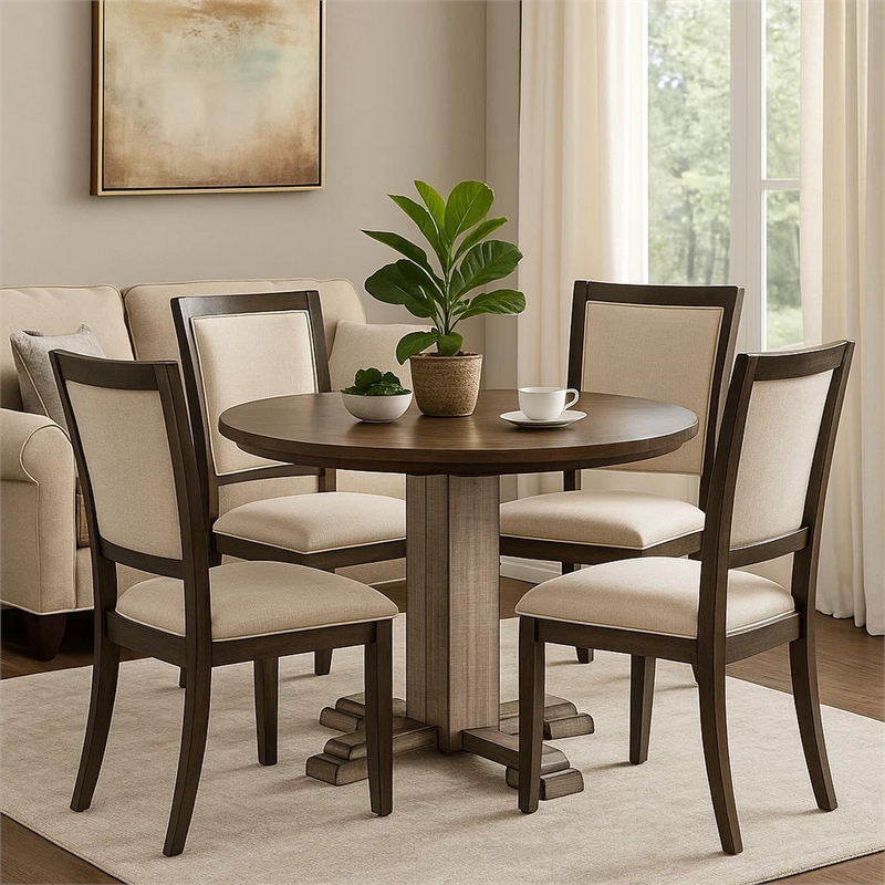 Pemberly Row Dining Table 40 Inch Brown Round Top with Drop Leaves Rustic Gray
