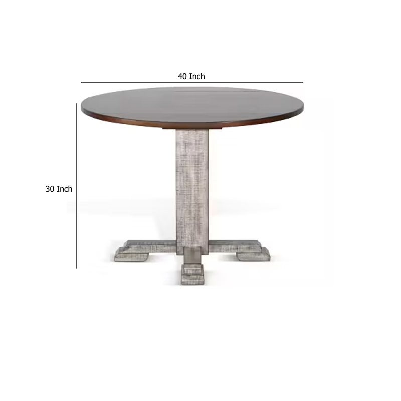 Pemberly Row Dining Table 40 Inch Brown Round Top with Drop Leaves Rustic Gray