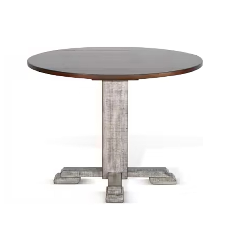 Pemberly Row Dining Table 40 Inch Brown Round Top with Drop Leaves Rustic Gray