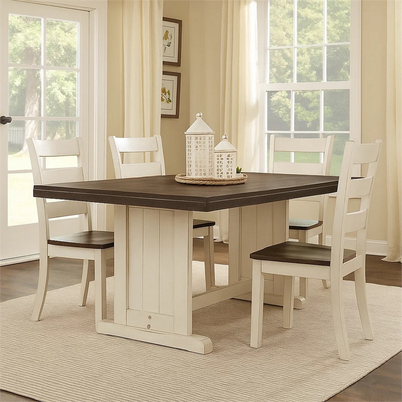 Pemberly Row Dining Table 60 Inch Rectangular Plank Top in Off White and Brown