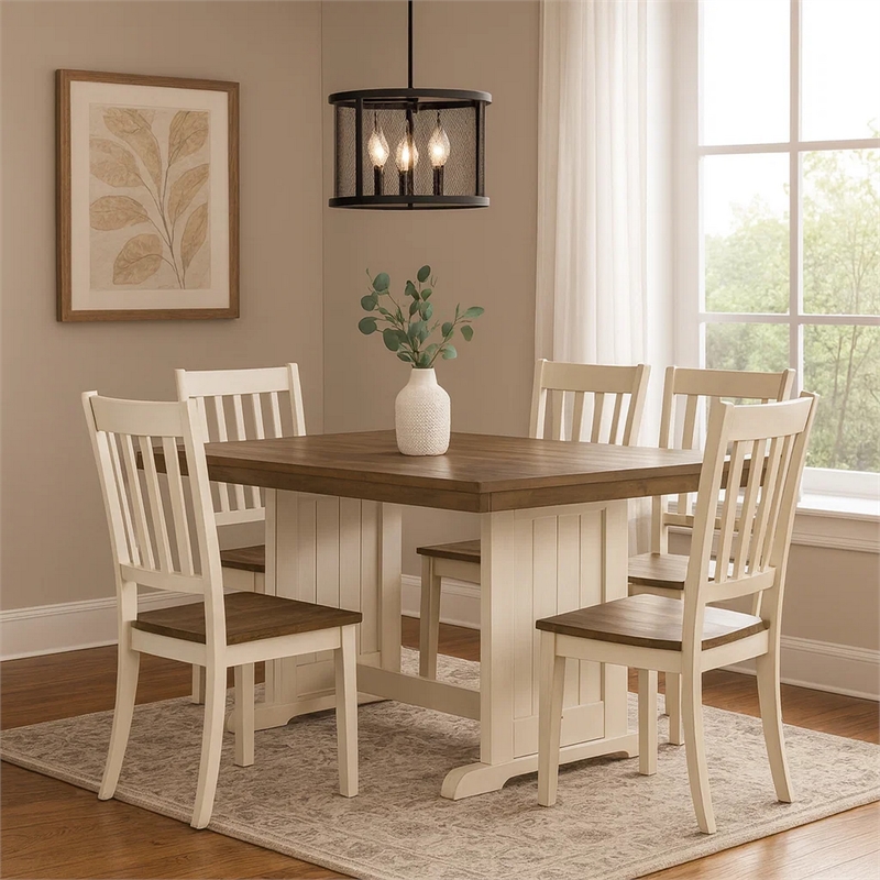 Pemberly Row Dining Table 60 Inch Rectangular Plank Top in Off White and Brown