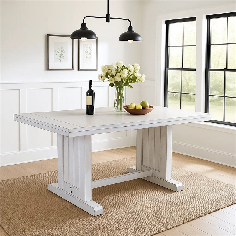 Pemberly Row Dining Table 60 Inch Rectangular Plank Top in Off White Wood