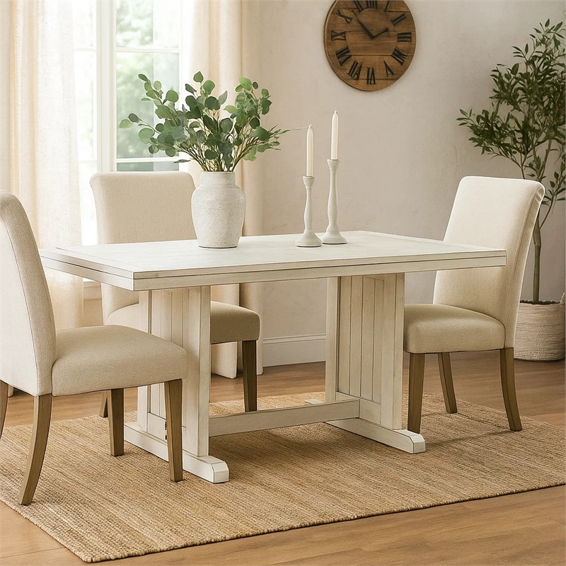 Pemberly Row Dining Table 60 Inch Rectangular Plank Top in Off White Wood