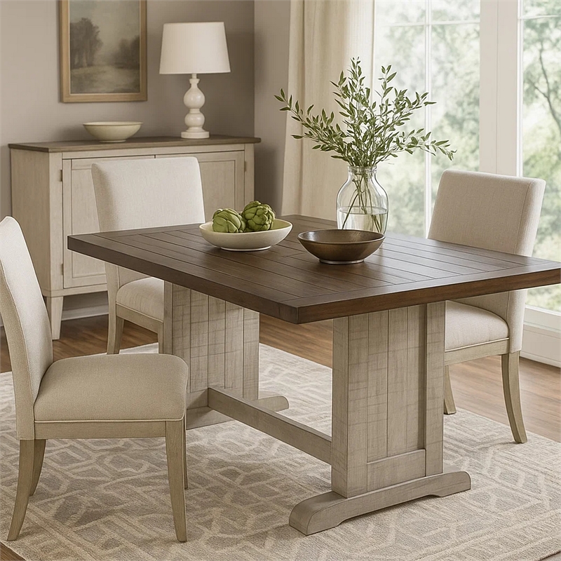 Pemberly Row Dining Table 60 Inch Rectangular Plank Top in Dark Brown and Gray