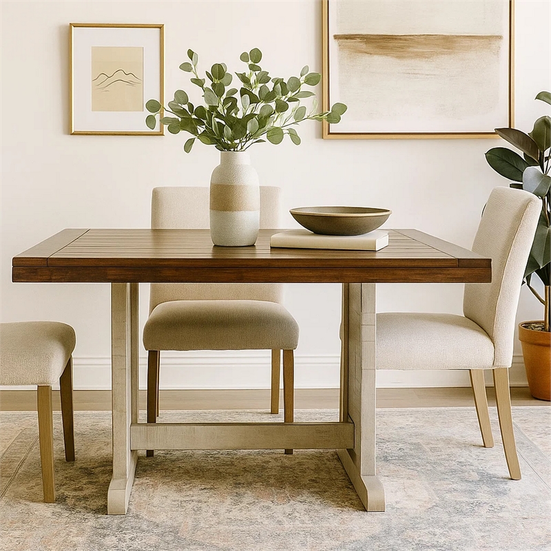 Pemberly Row Dining Table 60 Inch Rectangular Plank Top in Dark Brown and Gray