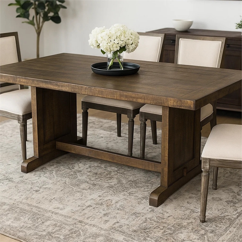 Pemberly Row Dining Table 60 Inch Rectangular Plank Top Brown Mahogany Wood
