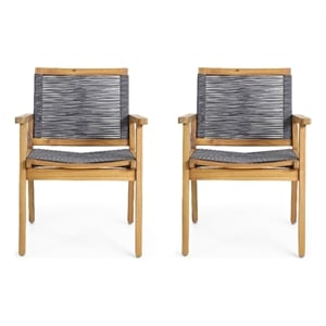 Pemberly Row Outdoor Dining Chair Set of 2 35 Inch Gray Woven Brown Acacia Wood