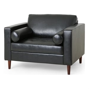 Pemberly Row Club Chair 45&quot Padded Seat Birch Wood Legs in Black Faux Leather