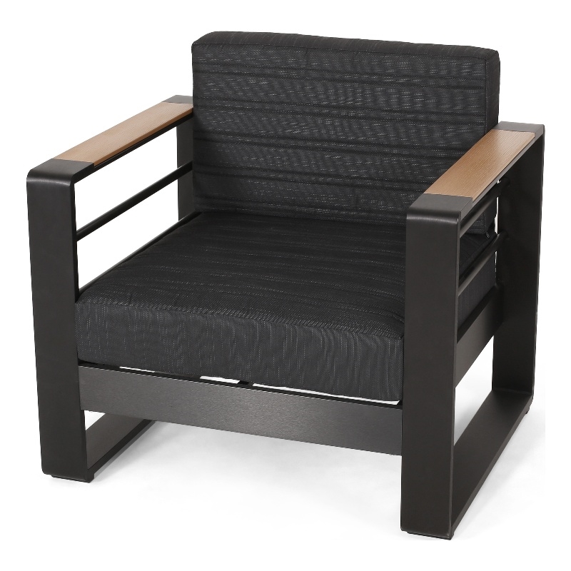 Pemberly Row Club Chair Slat Panel Design Modern Open Back Aluminum Black Wood